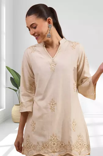 Women's linen beige embroidered short kurta with pant
