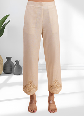 Women's linen beige embroidered short kurta with pant 4