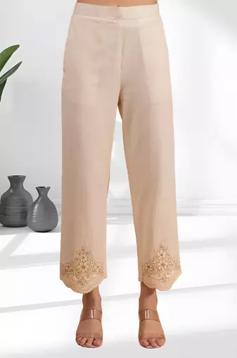 Women's linen beige embroidered short kurta with pant