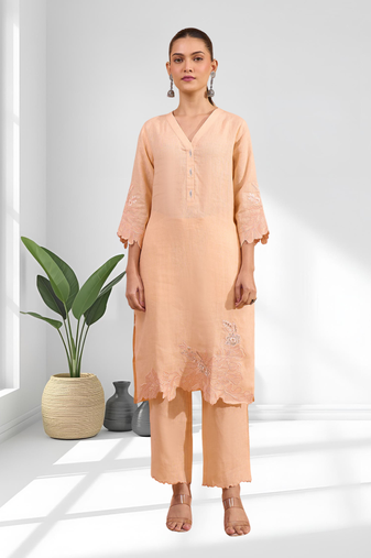 Women's linen coral embroidered long kurta with pant
