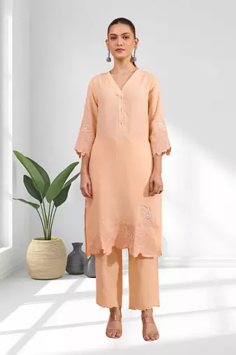 Women's linen coral embroidered long kurta with pant