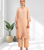 Women's linen coral embroidered long kurta with pant