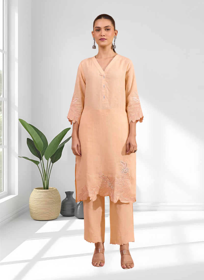 Women's linen coral embroidered long kurta with pant