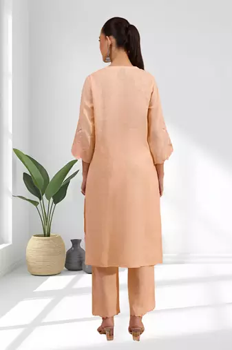 Women's linen coral embroidered long kurta with pant