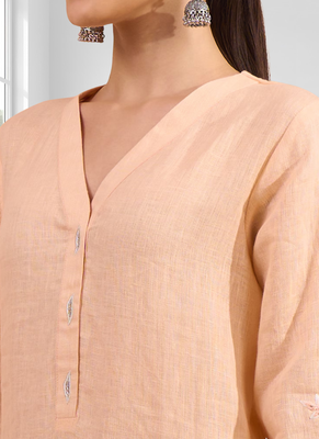 Women's linen coral embroidered long kurta with pant 4