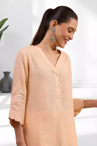 Women's linen coral embroidered long kurta with pant