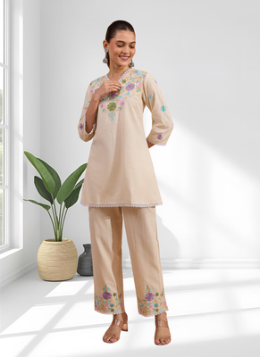 Women's linen cream embroidered short kurta with pant 1