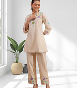 Women's linen cream embroidered short kurta with pant