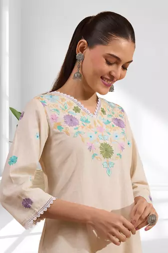 Women's linen cream embroidered short kurta with pant