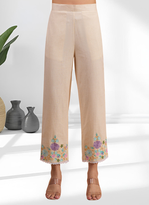 Women's linen cream embroidered short kurta with pant 5