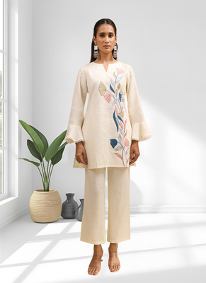 Women's linen cream embroidered short kurta with pant 1