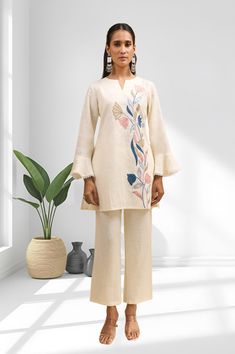 Women's linen cream embroidered short kurta with pant
