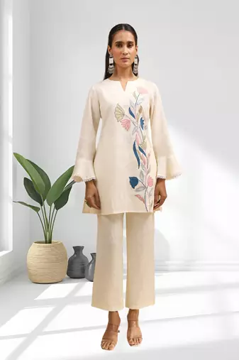 Women's linen cream embroidered short kurta with pant