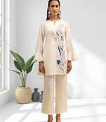 Women's linen cream embroidered short kurta with pant