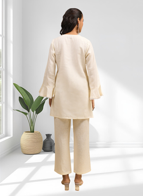 Women's linen cream embroidered short kurta with pant 2