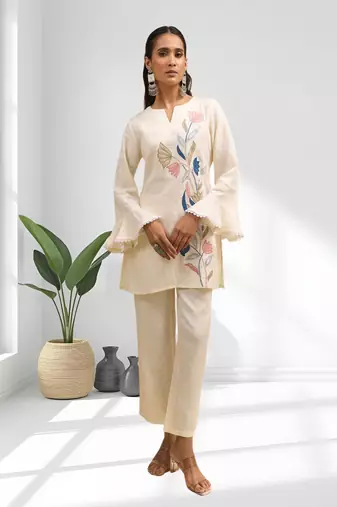 Women's linen cream embroidered short kurta with pant