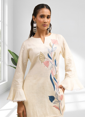Women's linen cream embroidered short kurta with pant 4