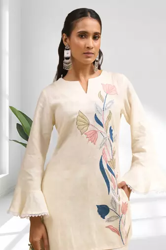 Women's linen cream embroidered short kurta with pant