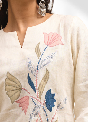 Women's linen cream embroidered short kurta with pant 5
