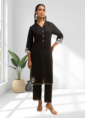 Women's linen black embroidered long kurta with pant 1