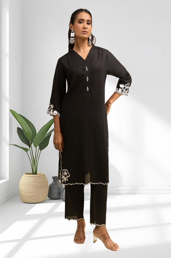 Women's linen black embroidered long kurta with pant