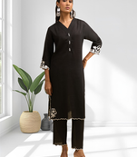 Women's linen black embroidered long kurta with pant
