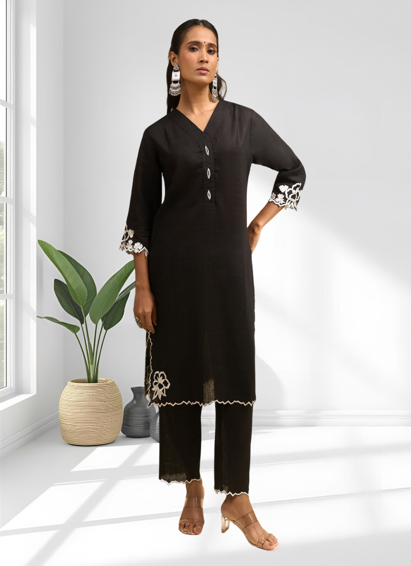 Women's linen black embroidered long kurta with pant