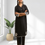 Women's linen black embroidered long kurta with pant