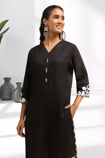 Women's linen black embroidered long kurta with pant