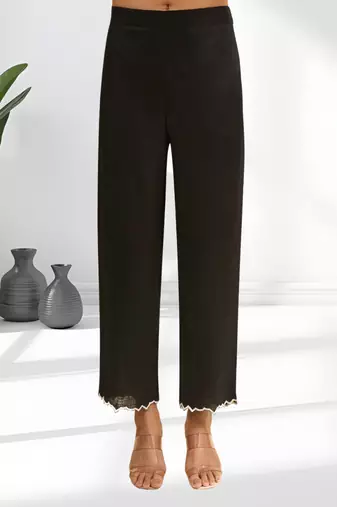 Women's linen black embroidered long kurta with pant