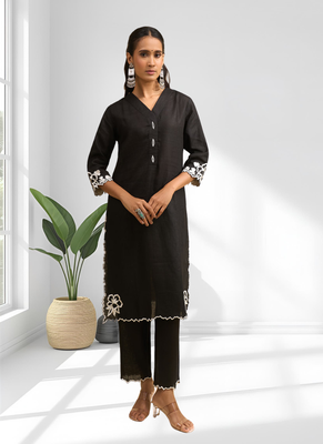 Women's linen black embroidered long kurta with pant 5