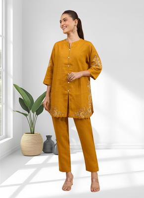 Women's cotton linen yellow embroidered short kurta with pant 1