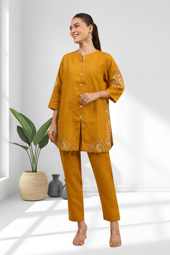 Women's cotton linen yellow embroidered short kurta with pant
