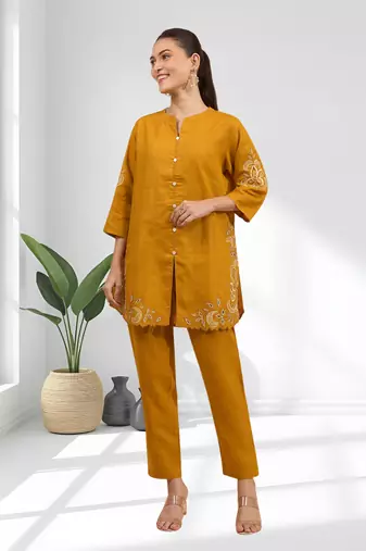Women's cotton linen yellow embroidered short kurta with pant