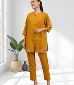 Women's cotton linen yellow embroidered short kurta with pant