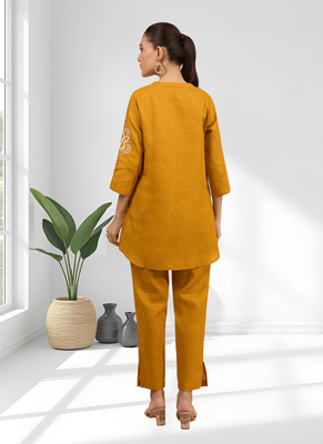 Women's cotton linen yellow embroidered short kurta with pant 2