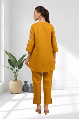 Women's cotton linen yellow embroidered short kurta with pant