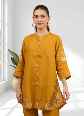 Women's cotton linen yellow embroidered short kurta with pant 3