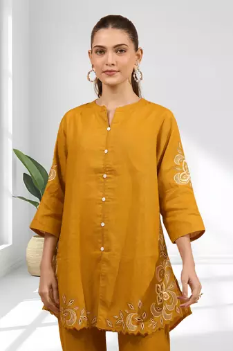 Women's cotton linen yellow embroidered short kurta with pant
