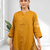 Women's cotton linen yellow embroidered short kurta with pant