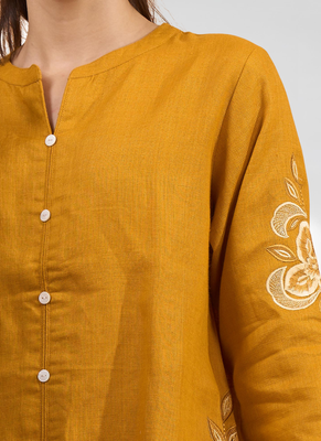 Women's cotton linen yellow embroidered short kurta with pant 4