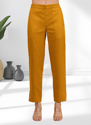 Women's cotton linen yellow embroidered short kurta with pant 5