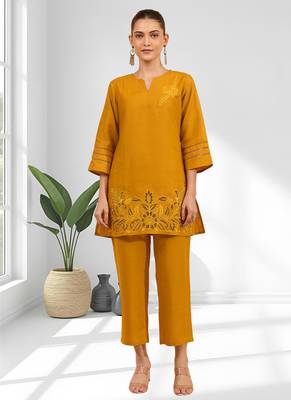 Women's cotton linen yellow embroidered short kurta with pant 1