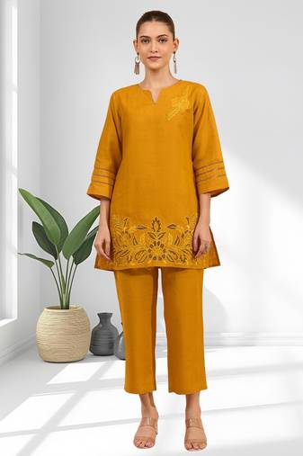 Women's cotton linen yellow embroidered short kurta with pant