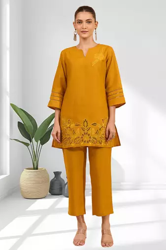 Women's cotton linen yellow embroidered short kurta with pant
