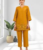 Women's cotton linen yellow embroidered short kurta with pant