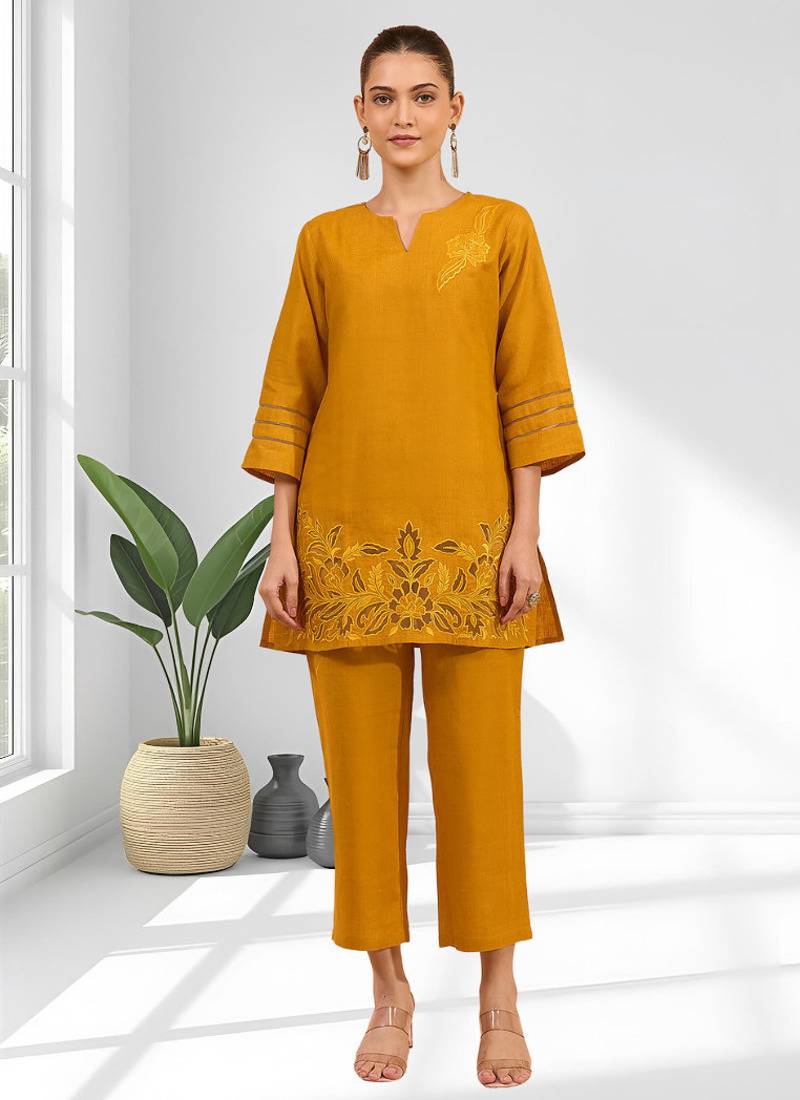 Women's cotton linen yellow embroidered short kurta with pant