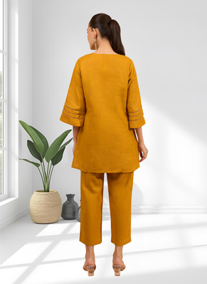 Women's cotton linen yellow embroidered short kurta with pant 2