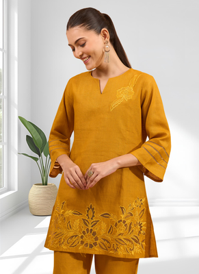 Women's cotton linen yellow embroidered short kurta with pant 4