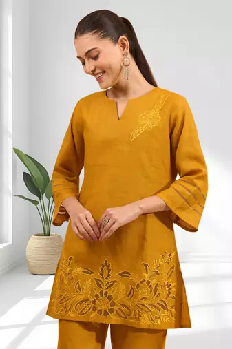 Women's cotton linen yellow embroidered short kurta with pant